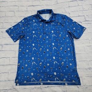 1764 Golf Polo Shirt MENS SIZE L Blue Cocktail Glass Print Short Sleeve Stretch
